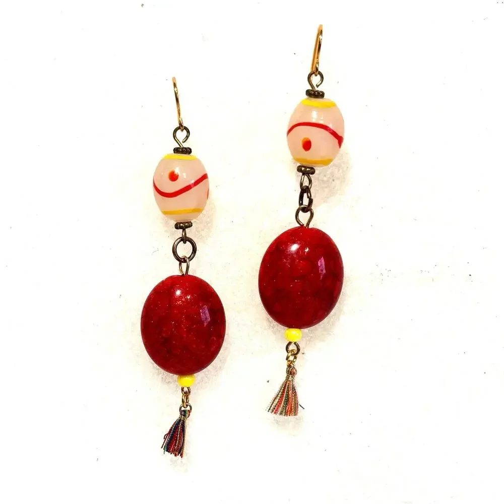 Art Glass Beaded Colorful Tassel Dangle Drop Earrings pierced or clip on 2 inch